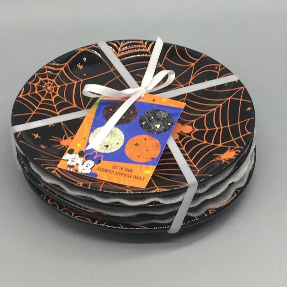 4 Zrike DISNEY Halloween MICKEY MOUSE Black Orange Spiderweb Plate Set Appetizer